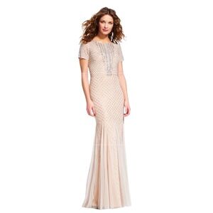 Adrianna Papell Silver & Nude Short Sleeve Mermaid Sheath Gown, SZ 8 MSRP $349